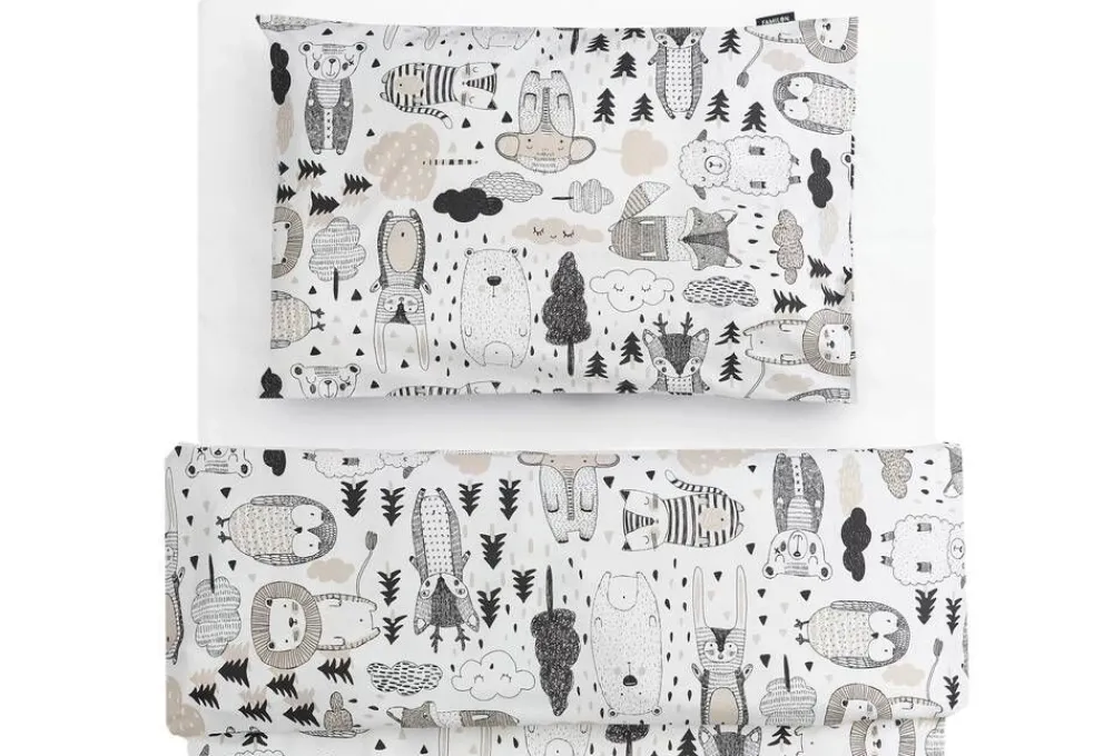 Lastenhuone|Vuodetekstiilit^Familon Kaverit Organic lasten pl+tl setti valk/kaakao 120x160/40x60